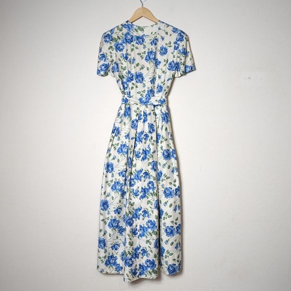 SOLD Vintage 50s Handmade Blue Floral Print Midi Maxi Wrap Dress Short Sleeve - Picture 15 of 16